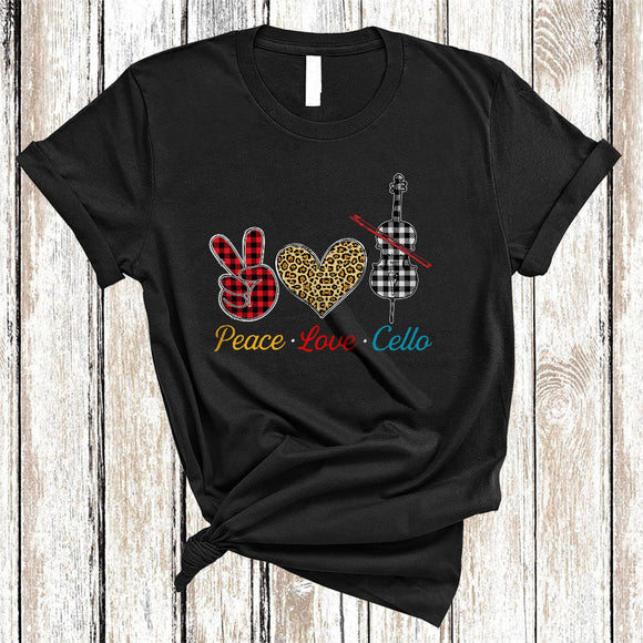 MacnyStore - Peace Love Cello, Cool Plaid Leopard Peace Hand Sign Heart Shape, Cello Player Lover T-Shirt