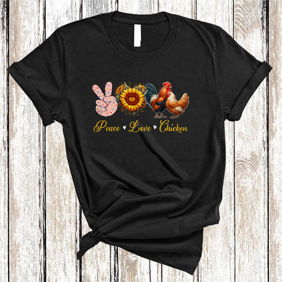 MacnyStore - Peace Love Chicken, Amazing Cute Peace Hand Sign Heart Shape Sunflower, Chicken Farmer T-Shirt