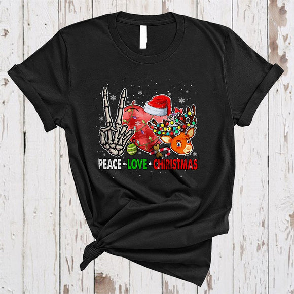 MacnyStore - Peace Love Christmas, Adorable X-mas Skeleton Hand Reindeer Heart Plaid, Snow Family Group T-Shirt