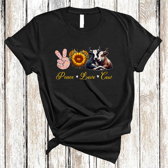 MacnyStore - Peace Love Cow, Amazing Cute Peace Hand Sign Heart Shape Sunflower, Cow Farmer Farming T-Shirt