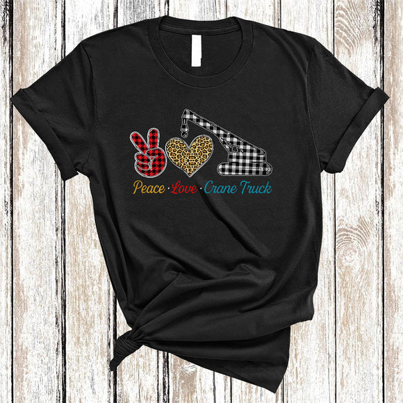 MacnyStore - Peace Love Crane Truck, Cool Plaid Leopard Peace Hand Sign Heart Shape, Crane Truck Driver T-Shirt