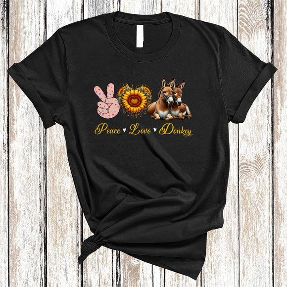 MacnyStore - Peace Love Donkey, Amazing Cute Peace Hand Sign Heart Shape Sunflower, Donkey Farmer T-Shirt