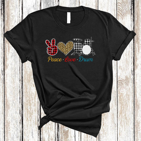 MacnyStore - Peace Love Drum, Cool Plaid Leopard Peace Hand Sign Heart Shape, Drum Player Lover T-Shirt