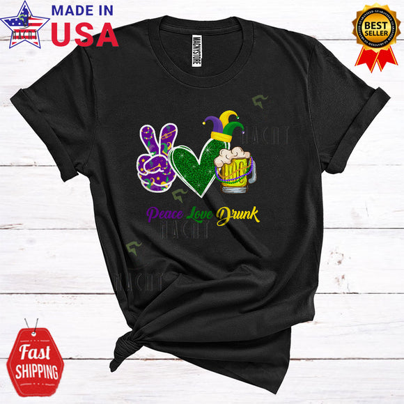MacnyStore - Peace Love Drunk Funny Cool Mardi Gras Bead Peace Hand Sign Heats Shape Beer Drinking Lover T-Shirt