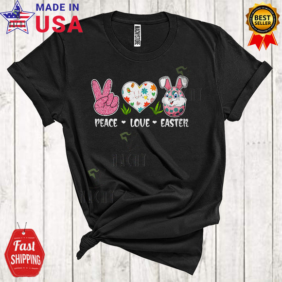 MacnyStore - Peace Love Easter Cool Happy Easter Day Peace Hand Sign Floral Heart Bunny Eggs Hunt T-Shirt