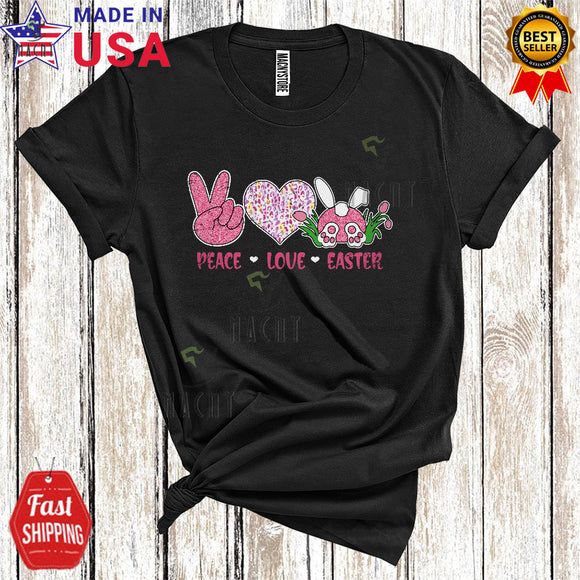 MacnyStore - Peace Love Easter Cute Cool Easter Day Peace Hand Sign Leopard Heart Bunny Lover T-Shirt