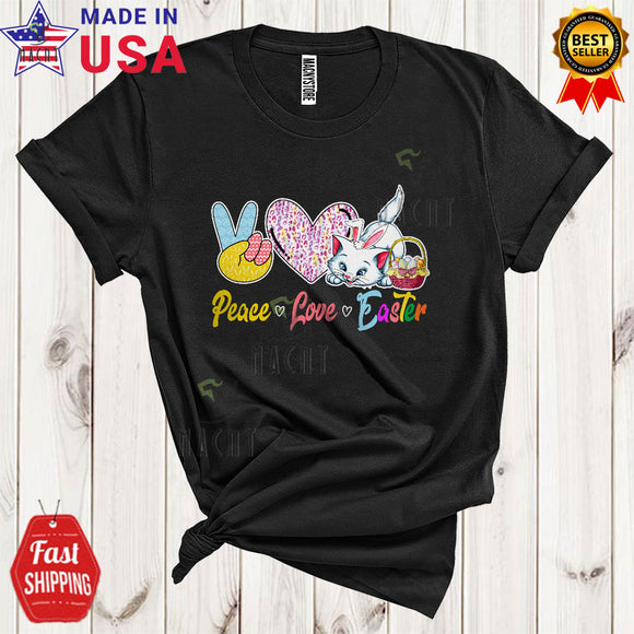 MacnyStore - Peace Love Easter Cute Cool Easter Egg Basket Peace Sign Hand Heart Leopard Bunny Cat Lover T-Shirt