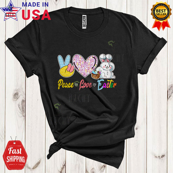 MacnyStore - Peace Love Easter Cute Cool Easter Egg Basket Peace Sign Hand Heart Leopard Bunny Lover T-Shirt