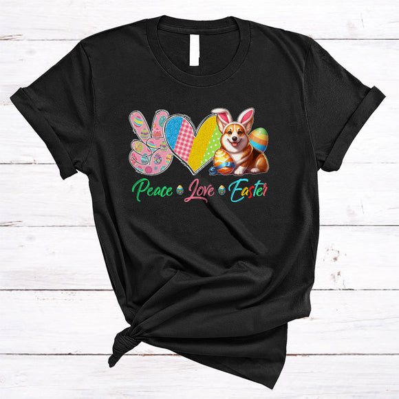 MacnyStore - Peace Love Easter, Awesome Easter Day Peace Sign Hand Heart Bunny Corgi Lover, Family Group T-Shirt