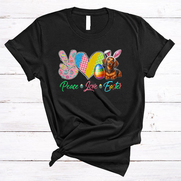 MacnyStore - Peace Love Easter, Awesome Easter Day Peace Sign Hand Heart Bunny Dachshund Lover, Family Group T-Shirt