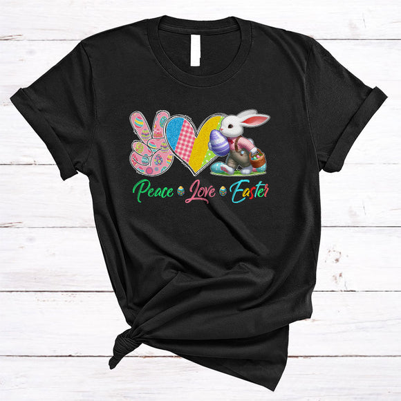 MacnyStore - Peace Love Easter, Awesome Easter Day Peace Sign Hand Heart Bunny Lover, Family Group T-Shirt