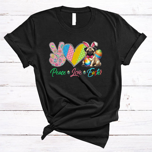 MacnyStore - Peace Love Easter, Awesome Easter Day Peace Sign Hand Heart Bunny Pug Lover, Family Group T-Shirt