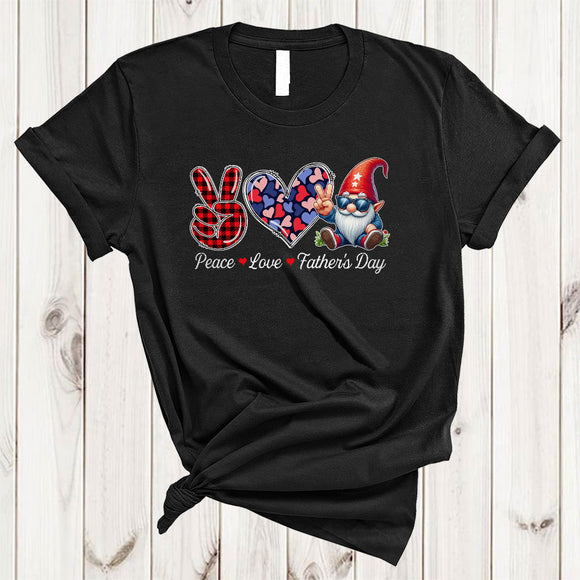 MacnyStore - Peace Love Father's Day, Lovely Father's Day Plaid Peace Hand Sign Heart Gnome, Family T-Shirt