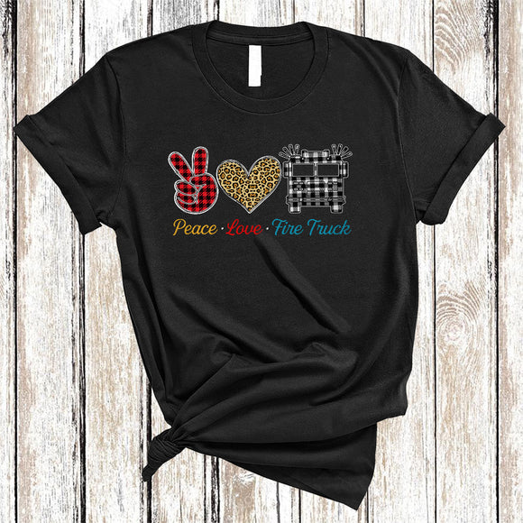 MacnyStore - Peace Love Fire Truck, Cool Plaid Leopard Peace Hand Sign Heart Shape, Fire Truck Driver T-Shirt