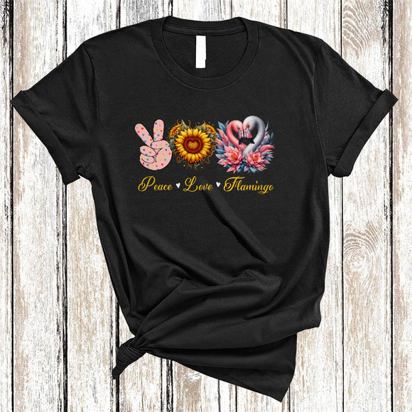 MacnyStore - Peace Love Flamingo, Amazing Cute Peace Hand Sign Heart Shape Sunflower, Flamingo Animal Lover T-Shirt