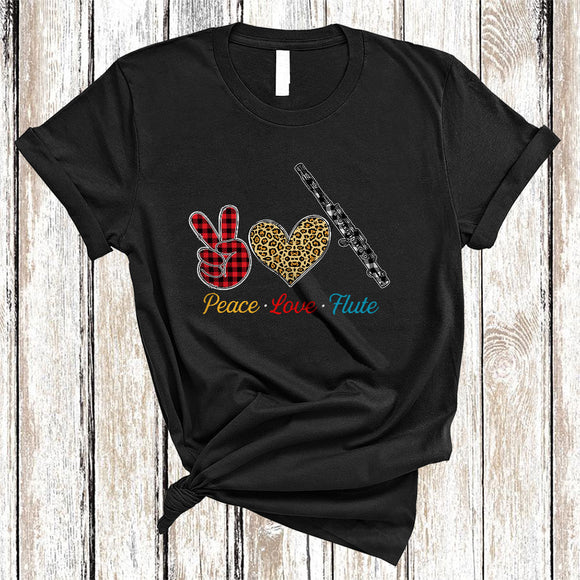 MacnyStore - Peace Love Flute, Cool Plaid Leopard Peace Hand Sign Heart Shape, Flute Player Lover T-Shirt