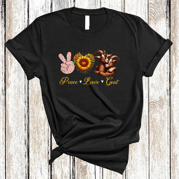 MacnyStore - Peace Love Goat, Amazing Cute Peace Hand Sign Heart Shape Sunflower, Goat Farmer Farming T-Shirt