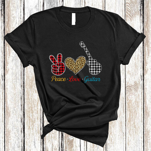MacnyStore - Peace Love Guitar, Cool Plaid Leopard Peace Hand Sign Heart Shape, Guitar Player Lover T-Shirt
