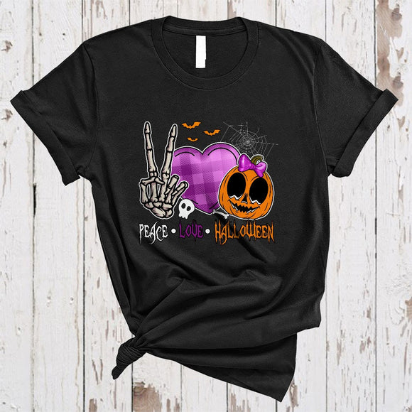 MacnyStore - Peace Love Halloween, Adorable Peace Sign Skeleton Hand Pumpkin Heart Plaid, Matching Family Group T-Shirt