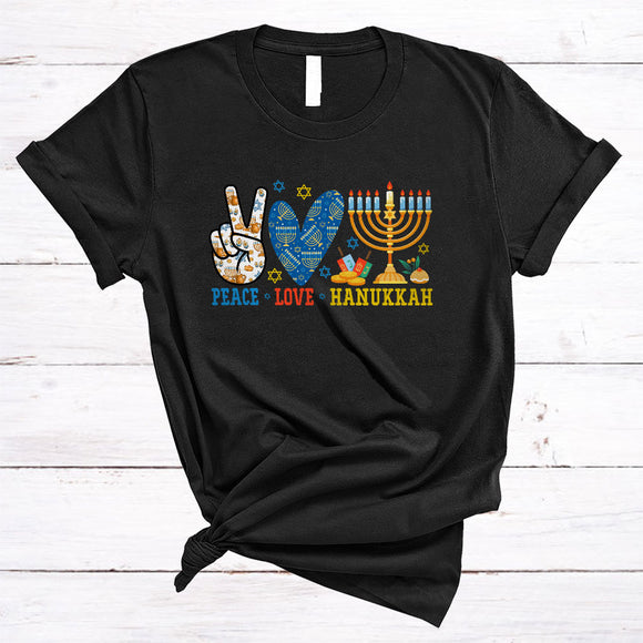 MacnyStore - Peace Love Hanukkah, Joyful Cute Peace Hand Sign Heart Shape, Chanukah Menorah Lover T-Shirt