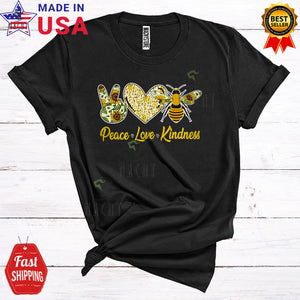 MacnyStore - Peace Love Kindness Cool Cute Sunflowers Peace Hand Sign Heart Shape Bee Lover T-Shirt