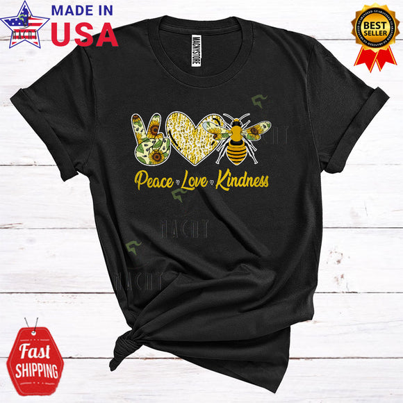 MacnyStore - Peace Love Kindness Cool Cute Sunflowers Peace Hand Sign Heart Shape Bee Lover T-Shirt