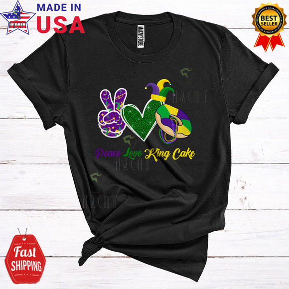 MacnyStore - Peace Love King Cake Funny Cool Mardi Gras Bead Peace Hand Sign Heats Shape King Cake Lover T-Shirt