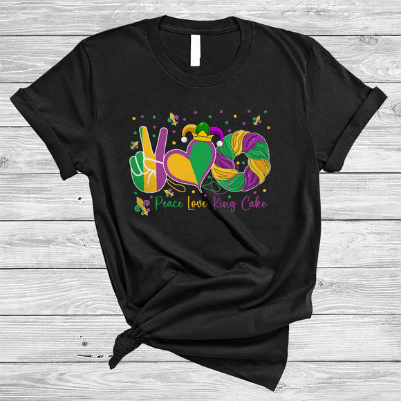 MacnyStore - Peace Love King Cake, Awesome Mardi Gras Peace Hand Sign Heart Shape, Parades Group T-Shirt