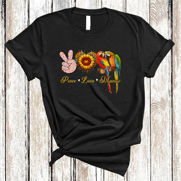 MacnyStore - Peace Love Macaw, Amazing Cute Peace Hand Sign Heart Shape Sunflower, Macaw Bird Lover T-Shirt