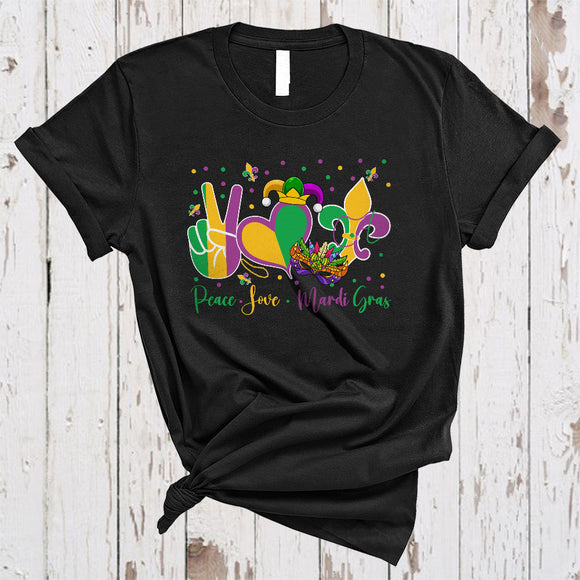 MacnyStore - Peace Love Mardi Gras, Amazing Mardi Gras Peace Hand Sign Heart Shape, Beads Parades T-Shirt