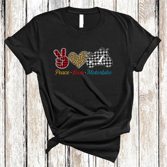MacnyStore - Peace Love Motorbike, Cool Plaid Leopard Peace Hand Sign Heart Shape, Motorbike Biker T-Shirt