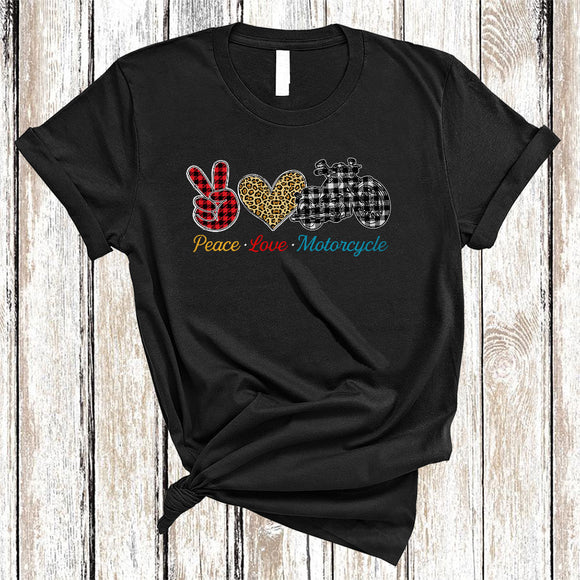 MacnyStore - Peace Love Motorcycle, Cool Plaid Leopard Peace Hand Sign Heart Shape, Motorcycle Biker T-Shirt