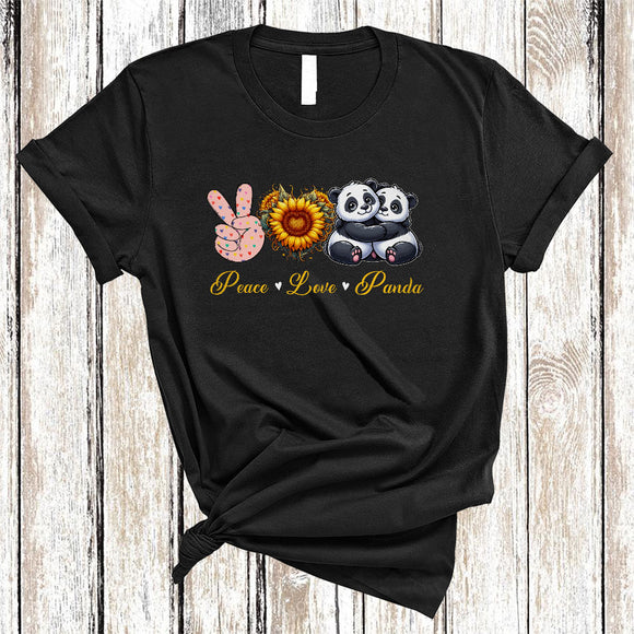 MacnyStore - Peace Love Panda, Amazing Cute Peace Hand Sign Heart Shape Sunflower, Panda Animal Lover T-Shirt
