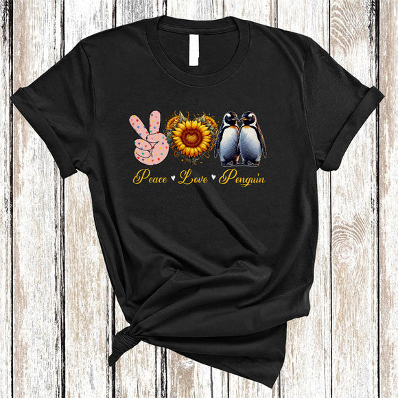 MacnyStore - Peace Love Penguin, Amazing Cute Peace Hand Sign Heart Shape Sunflower, Penguin Bird Lover T-Shirt