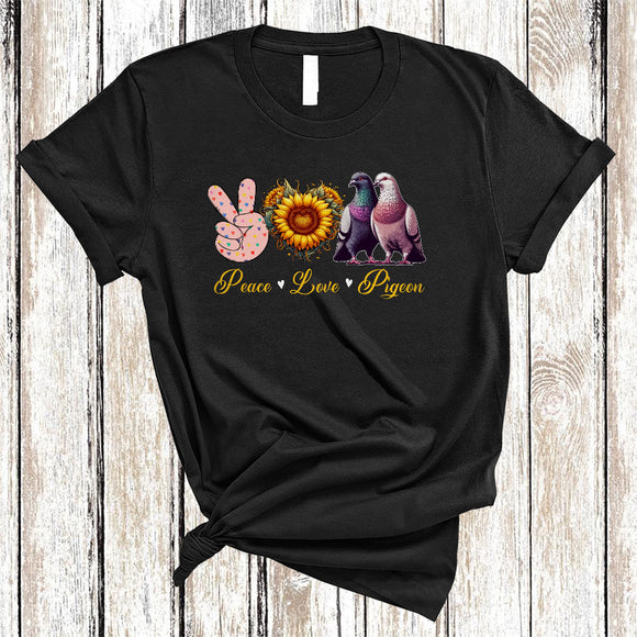 MacnyStore - Peace Love Pigeon, Amazing Cute Peace Hand Sign Heart Shape Sunflower, Pigeon Bird Lover T-Shirt