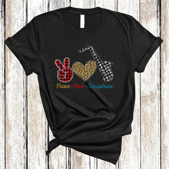 MacnyStore - Peace Love Saxophone, Cool Plaid Leopard Peace Hand Sign Heart Shape, Saxophone Player Lover T-Shirt