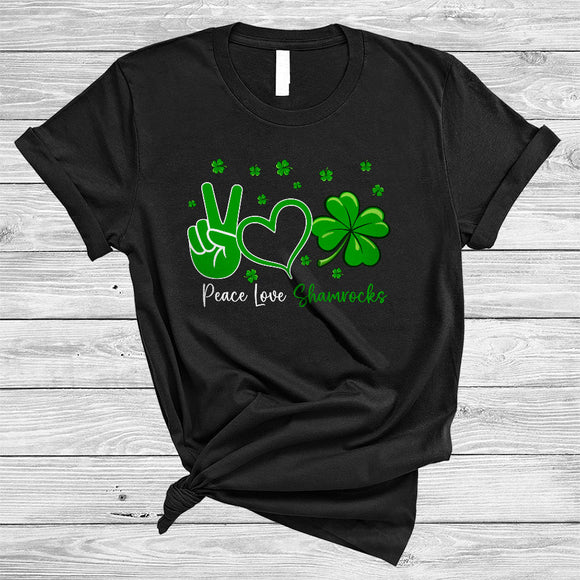 MacnyStore - Peace Love Shamrock, Awesome St. Patrick's Day Peace Hand Sign Heart Shape, Irish Shamrock T-Shirt