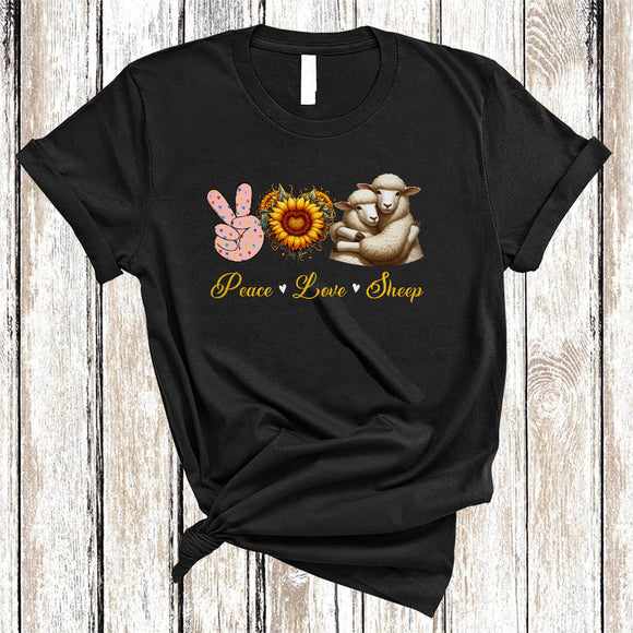 MacnyStore - Peace Love Sheep, Amazing Cute Peace Hand Sign Heart Shape Sunflower, Sheep Farmer T-Shirt
