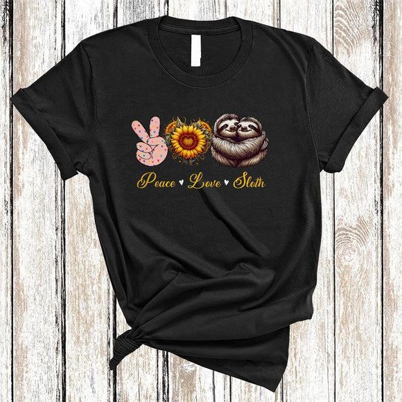 MacnyStore - Peace Love Sloth, Amazing Cute Peace Hand Sign Heart Shape Sunflower, Sloth Animal Lover T-Shirt