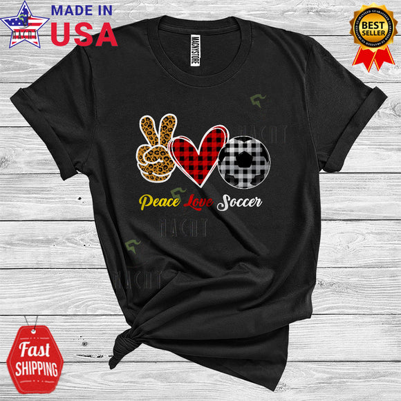 MacnyStore - Peace Love Soccer Funny Cool Leopard Peace Hand Sign Plaid Hearts Soccer Playing Player T-Shirt