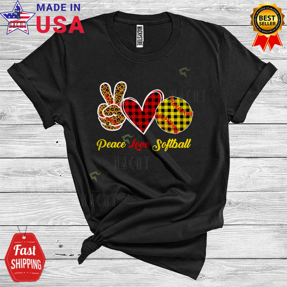 MacnyStore - Peace Love Softball Funny Cool Leopard Peace Hand Sign Plaid Hearts Softball Playing Player T-Shirt