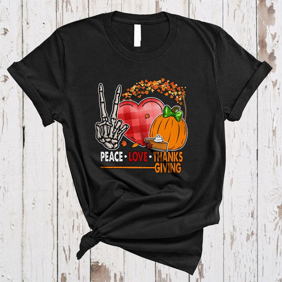 MacnyStore - Peace Love Thanksgiving, Adorable Peace Sign Skeleton Hand Pumpkin Heart Plaid, Fall Tree Family Group T-Shirt