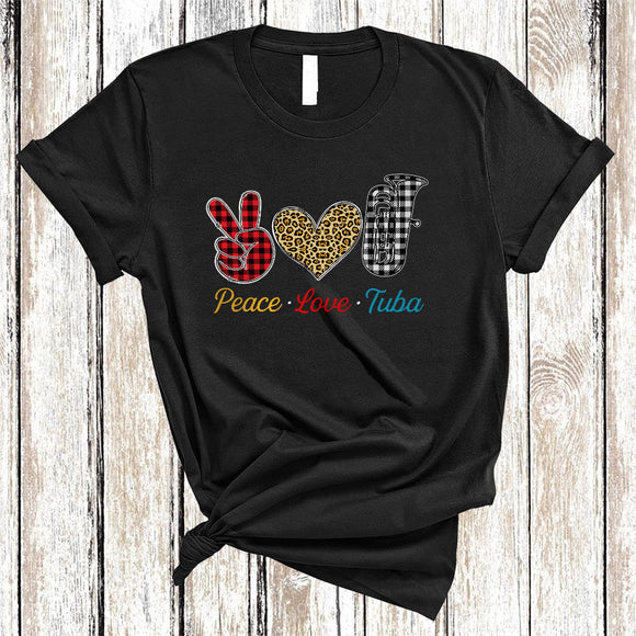 MacnyStore - Peace Love Tuba, Cool Plaid Leopard Peace Hand Sign Heart Shape, Tuba Player Lover T-Shirt