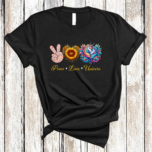 MacnyStore - Peace Love Unicorn, Amazing Cute Peace Hand Sign Heart Shape Sunflower, Unicorn Lover T-Shirt