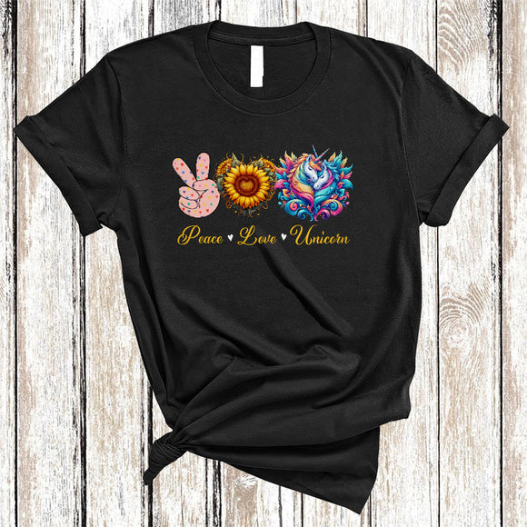 MacnyStore - Peace Love Unicorn, Amazing Cute Peace Hand Sign Heart Shape Sunflower, Unicorn Lover T-Shirt