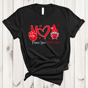 MacnyStore - Peace Love Valentine's Day, Lovely Valentine Gnome Lover, Peace Hand Sign Heart Shape T-Shirt