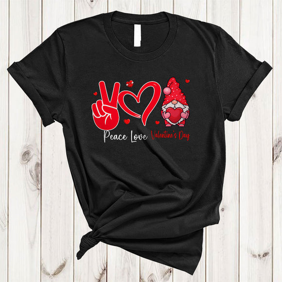 MacnyStore - Peace Love Valentine's Day, Lovely Valentine Gnome Lover, Peace Hand Sign Heart Shape T-Shirt
