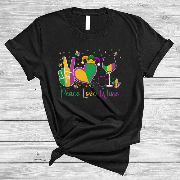 MacnyStore - Peace Love Wine, Awesome Mardi Gras Peace Hand Sign Heart Shape, Wine Drinking Group T-Shirt
