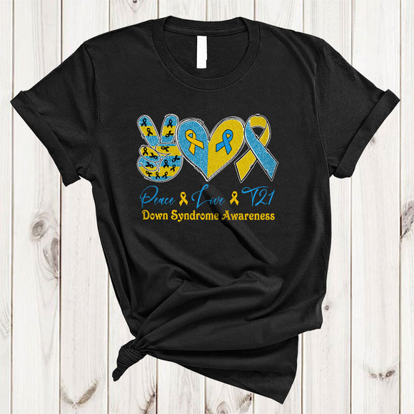 MacnyStore - Peace Love, Proud Down Syndrome Awareness Heart, Peace Hand Sign Blue Yellow Ribbon T-Shirt