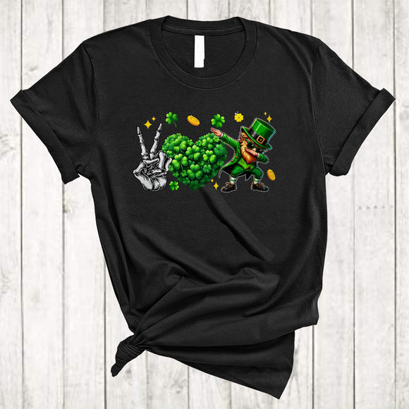MacnyStore - Peace Skeleton Hand Shamrock Heart Shape, Cheerful St. Patrick's Day Leprechaun Dabbing T-Shirt